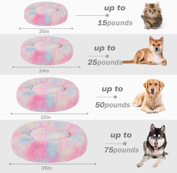 Patas Lague Calming Dog Bed for Small Dogs, Fluffy Soft Cozy Cat Bed, Faux Fur Anti-Anxiety Plush Donut Cuddler, Washable Pet Bed for All Seasons (20 in, Mixed Rainbow) - Image 5