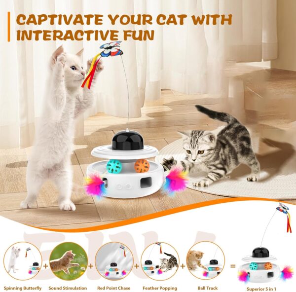 5 in 1 Interactive Cat Toys - Automatic Kitten Toys | Interactive Cat Toy for Indoor Cats, Fluttering Butterfly Toy for Pets Chase and Exercise, White - Image 2