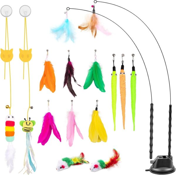 Depets Cat Wand Toy, 15 Pcs Interactive Cat Feather Toys, Cat Teaser Toy for Indoor Cats Self Play, 2 Play Modes Cat Toys Wand, Reusable Suction Cup Cat Toys for Indoor Cats Kittens Play Exercise