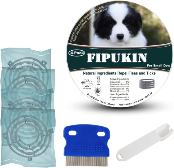 Natural Ingredients Flea Repellent Collar for Small Dogs, Safe and Effective Flea and Tick Repellent, Waterproof, 8 Months Protection Each, Free Comb and Tick Removal Tool, 13.8 Inches, 4-Pack