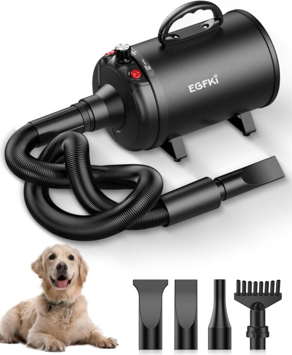 Dog Dryer, 5.2HP/ 3800W Pet Grooming High Velocity Force Blower with 4 Nozzles, Adjustable Speed and Temperature Dog Hair Dryers for Grooming