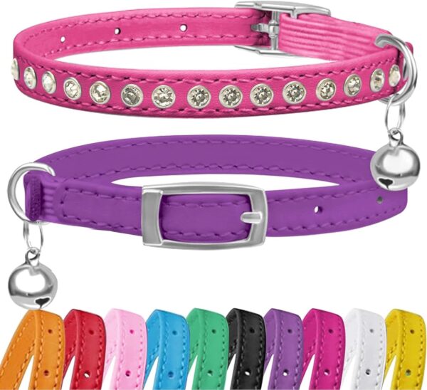 2 Pack Cat Collars with Bells, Rhinestones Leather Cat Collar with Elastic Strap, Kitten Collar, Adjustable Diamond Cat Collar for Girl Boy, 7.5" - 11.5", Rose Red and Purple