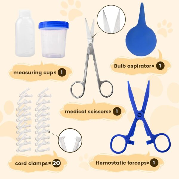 Newborn Puppy Kitten Whelping Kit for Birth Include 4 Puppy Feeding Tube, 6 Record Keeping Charts, 15 Puppy Whelping Collars, 15 Cord Clamps, Bulb Aspirator, Bottle, Stethoscope, Bag Etc - Image 7