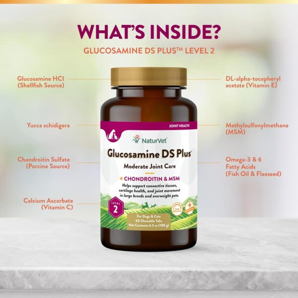 NaturVet Glucosamine DS Plus Level 2 Moderate Care Joint Support Supplement for Dogs and Cats, Chewable Tablets Time Release, Made in The USA, 60 Count - Image 5