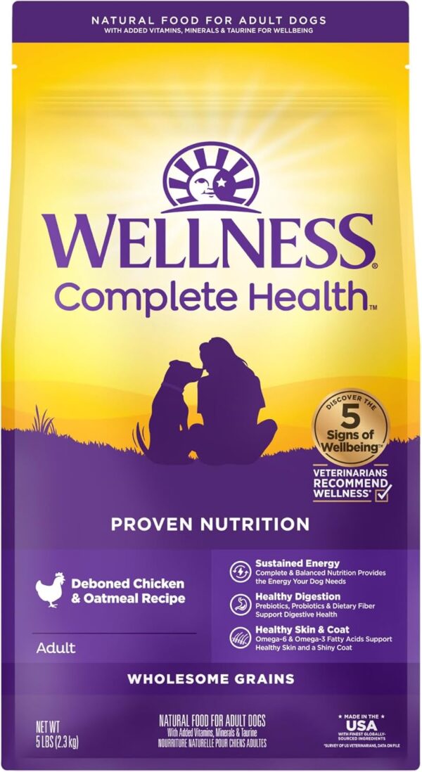 Wellness Complete Health Dry Dog Food with Grains, Natural Ingredients, Made in USA with Real Meat, All Breeds, For Adult Dogs (Chicken & Oatmeal, 5-Pound Bag)