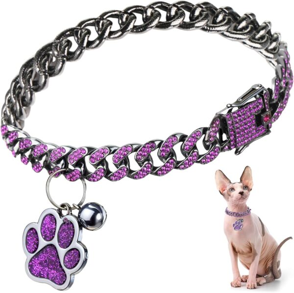 Hillban Cat Collar Diamond Chain Glitter Collar Walking Metal with Secure Buckle Cat Pet Necklace with Paw Charm Link Jewelry Accessories with ID Tag Bell for Small Cat (Steel Black, Purple,8 Inch)