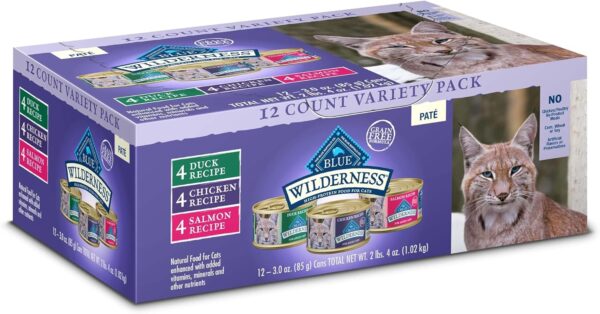 Blue Buffalo Wilderness High Protein, Natural Adult Pate Wet Cat Food Variety Pack, Chicken, Salmon, Duck 3-oz Cans (12 Count- 4 of Each Flavor)