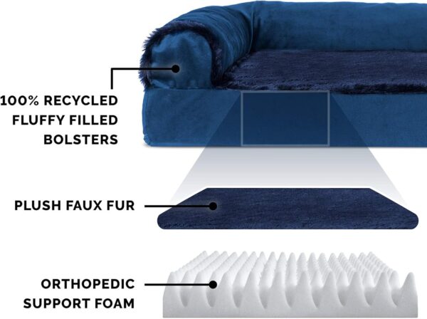 Furhaven Orthopedic Dog Bed for Medium/Small Dogs w/ Removable Bolsters & Washable Cover, For Dogs Up to 35 lbs - Plush & Velvet L Shaped Chaise - Deep Sapphire, Medium - Image 3