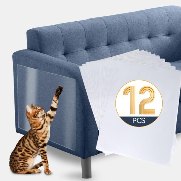 Anti Cat Scratch Furniture Protector - 12 Pack Single Side Couch Protector for Cats, Self-Adhesive Clear Cat Tape for Furniture - Cat Scratch Deterrent for Furniture, Door, and Walls