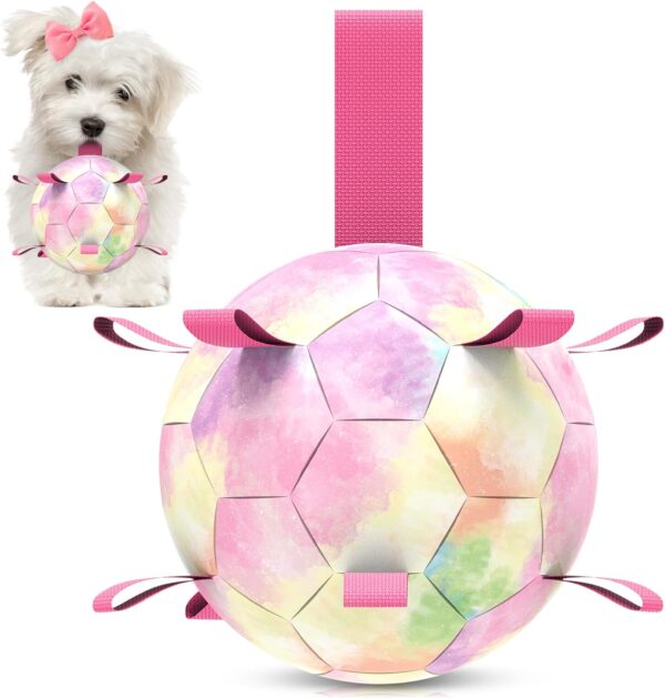 Dog Toys Soccer Ball with Straps, Puppy Balls Dog Balls for Small Medium Dogs, Dog Water Toys Pool Toys, Puppy Dog Birthday Gifts, Rainbow（6 Inch）