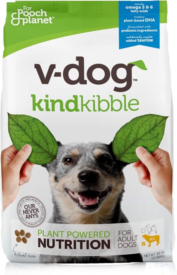 V-dog Vegan Kibble Dry Dog Food (24 LB) | Plant Based Protein with Added Taurine for Sensitive Stomach and Skin | Adult Dog Food | Vegetarian Superfood | Made in US