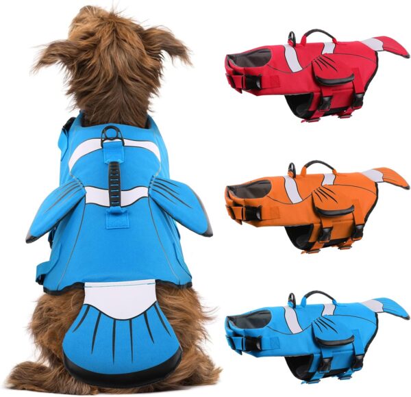 DENTRUN Dog Life Jacket Safety Vests for Swimming, Adjustable Puppy Pool Lake Floats Coat High Visibility Superior Floatation & Rescue Handle, Clownfish Shape Water Vest for Small Medium Large Dog