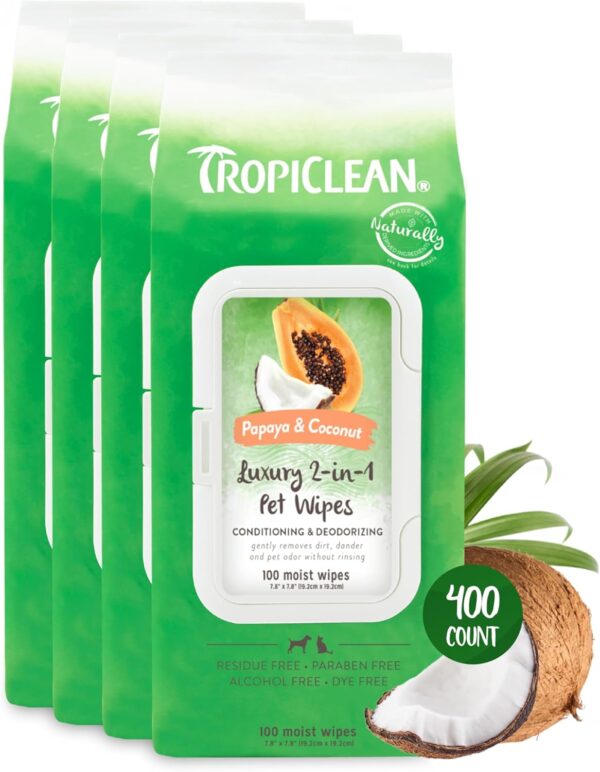 TropiClean Papaya & Coconut Dog Wipes for Paws and Butt | Deep Cleaning Dog Grooming Wipes | Safe for The Face | Cat Friendly | 400 Count