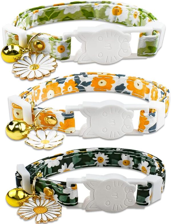 3 Pack Floral Cat Collars with Bell Adjustable Breakaway Kitten Collar Safety Cat Collars Set Flower Charms Pet Collar for Cats Kitty Puppy Dog Cute Daisy Pattern Cat Collar Spring Cat Collar