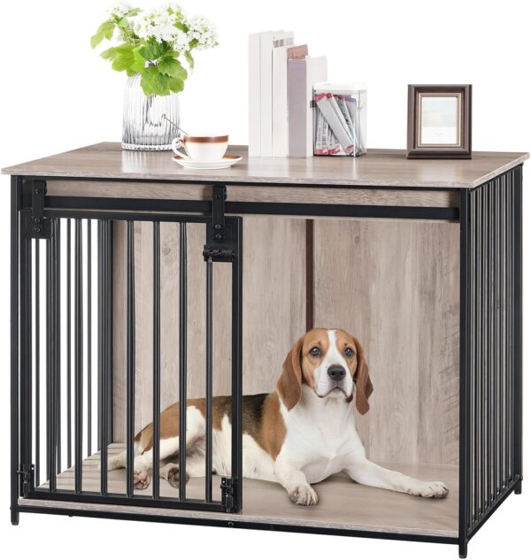 HOOBRO Dog Crate Furniture, 39.4" Heavy Duty Dog Kennel with Sliding Barn Door, Decorative Dog Crate Indoor, End Side Table for Small/Medium Dog, Greige and Black BG162GW03 - Image 9