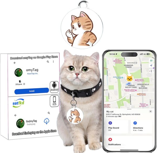 Cat Tracker-Cat Tracker Collar-Pet Trackers | Android and iOS Universal | No Monthly Fee | No Charging Required | Waterproof | Works with Any Collar