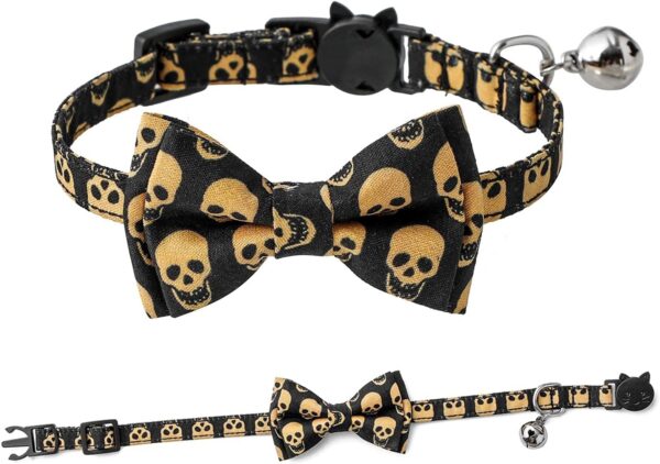 Cat Collar with Bell, Cat Safety Collar with Elastic Strap, Kitten Collar for Cat with Bell Adjustable 7.8-10.2" (Skull)