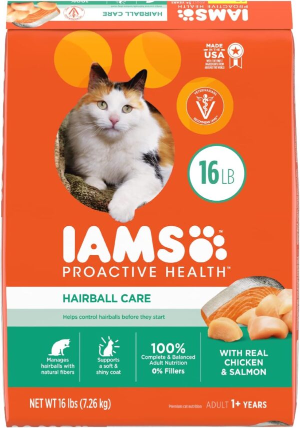 IAMS Proactive Health Adult Hairball Care Dry Cat Food with Chicken and Salmon, 16 lb. Bag