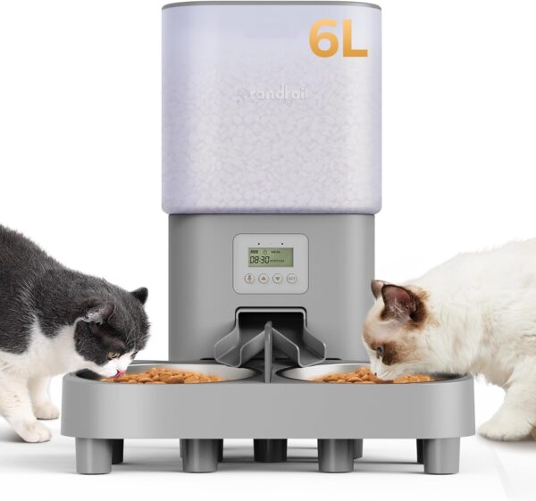 Automatic Cat Feeder, 6L /25 Cup Elevated Cat Food Dispenser with 2 Stainless Bowls, Timed Programmable Pet Feeder for 2 Cats & Dogs, Dual Power Supply,10s Meal Call,4 Meals per Day