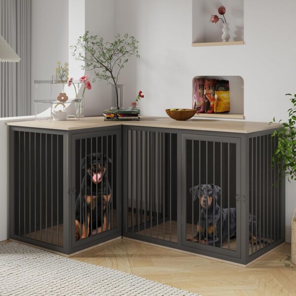 Dog Crate Furniture for 2 Dogs, 80.7" Large Dog Kennel Furniture with Dividers and Double Doors, All Steel Frame Double Dog Crate, 43.3" L X 23.6" W X 31.5" H, 37.4" L X 23.6" W X 31.5" H (Black Gray)