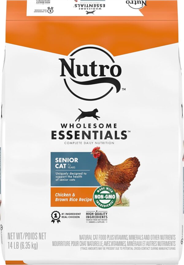 NUTRO WHOLESOME ESSENTIALS Senior Indoor Natural Dry Cat Food for Healthy Weight Farm-Raised Chicken & Brown Rice Recipe, 14 lb. Bag