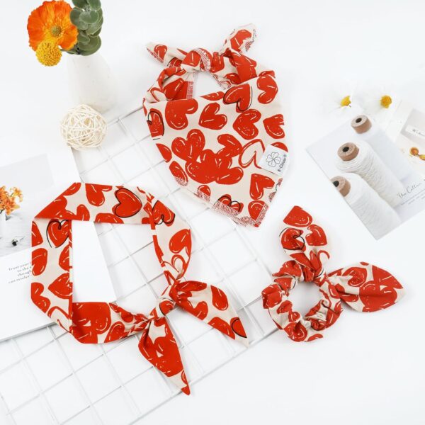 E-Clover Mothers Day Dog Bandana & Matching Scrunchie Set Girl Heart Dog Scarf Bibs with Hair Tie Headbands for Small Puppy Dogs Owner Mom Gift Outfit Red - Image 7