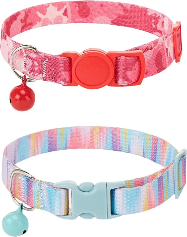 2PC cat Collar with Bells,Quick Release Safe Buckle Adjustable Kitten Collars,Printed Nylon Cute Collar for Boy and Girl Cats (Rainbow Pink)