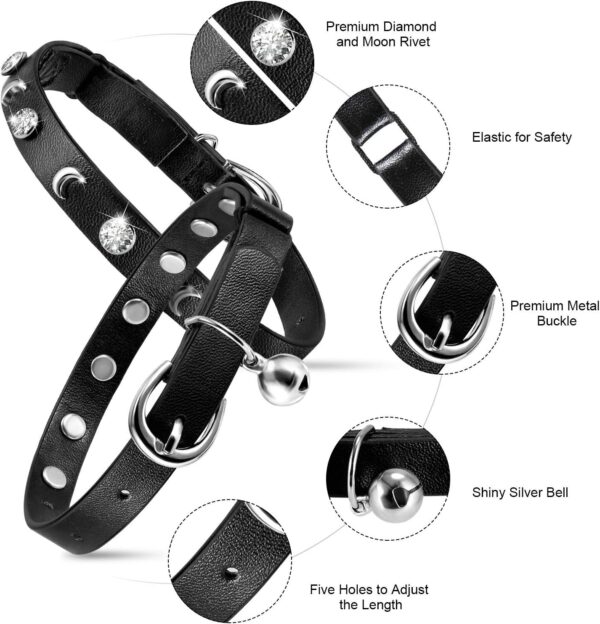 Leather Cat Collars Bell,Cats Safety Collar with Elastic Strap, Adjustable Kitty Collar for Cats, Personalized Moon & Rhinestone 7-10 Inch Length for Cats, Kitten & Puppy (1 Pack Black) - Image 4