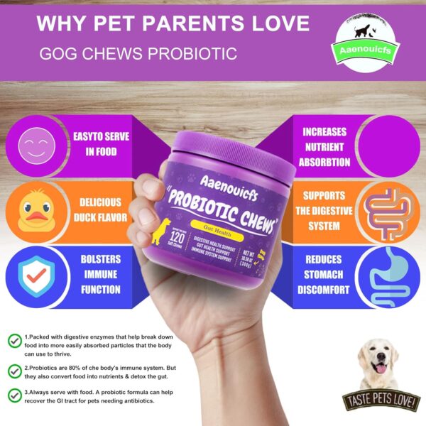 Probiotics for Dogs，Dog Probiotics and Digestive Enzymes，Health and Immune Support. Relieves Constipation, Bad Breath, Flatulence and Upset Stomach. Veterinarian Developed,120 Chews, Duck Flavor. - Image 3