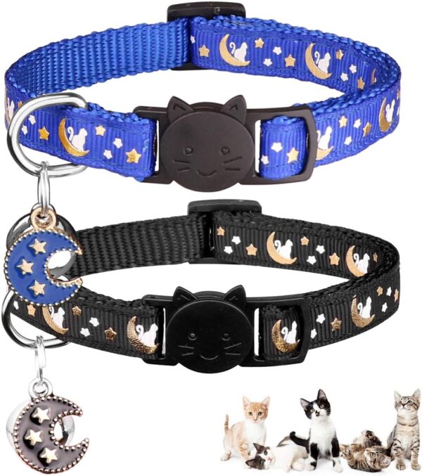 2Pcs Breakaway Cats Collars Cat Collars for Boy Cats Moons Adjustable Kitten Collars with Bell & Pendant Glow in The Dark,Black+Blue