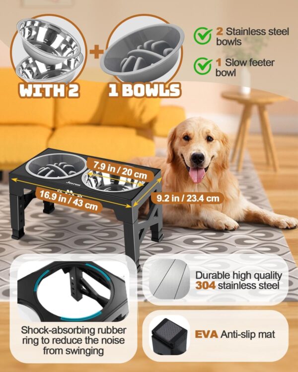 Elevated Dog Bowls, Dog Feeder with 2 Stainless Steel Bowls &1 Slow Feeder Dog Bowls, 5 Heights Adjustable Raised Dog Bowls Stand for Medium Large Dogs, Dog Food Bowls with Non-Slip Feet - Image 3