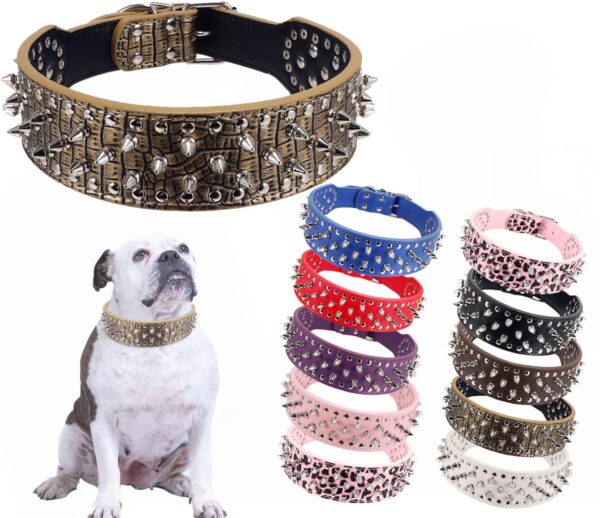 Hoot PU Leather Adjustable Spiked Studded Dog Collar 2" Wide 43 Spikes (L(Neck 21"-24"), Golden)