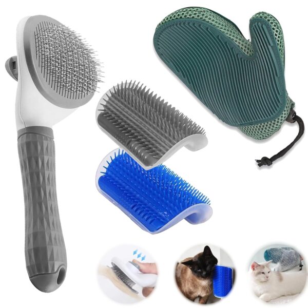 4 Pcs Cat Grooming Kit: Self-Cleaning Slicker Cat Brush, Deshedding Glove, and Cat Corner Massagers for Effortless Shedding, Detangling, and Relaxing Massage - Ideal for Long and Short-Haired Cats