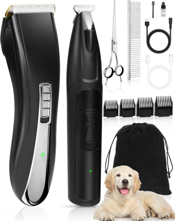 Dog Clippers Grooming Kit, 2 in 1 Professional Dog Clippers for Thick Heavy Coats, Low Noise Dog Paw Trimmer with LED Light, Cordless Rechargeable Pet Hair Shaver for Small & Large Dogs Cats