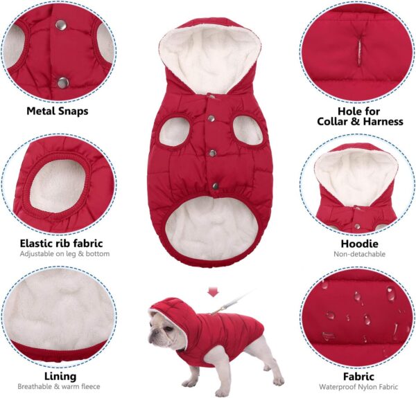 Dog Fleece Hoodie, Windproof Waterproof Dog Coat Fleece & Cotton Lined Warm Dog Jacket, Cold Weather Pet Apparel Clothes Vest for Small Medium Large Dog (L: Length 15", Chest 17.3"-20", Red) - Image 4