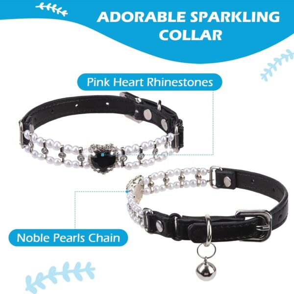 EXPAWLORER Cat Collar with Bells - Rhinestones Adjustable Soft Leather Cat Accessories Collar with Pearl and Bling Heart, Black Cute Cat Collar with Safety Belt for Girl Boy Indoor Kitten Cats - Image 2