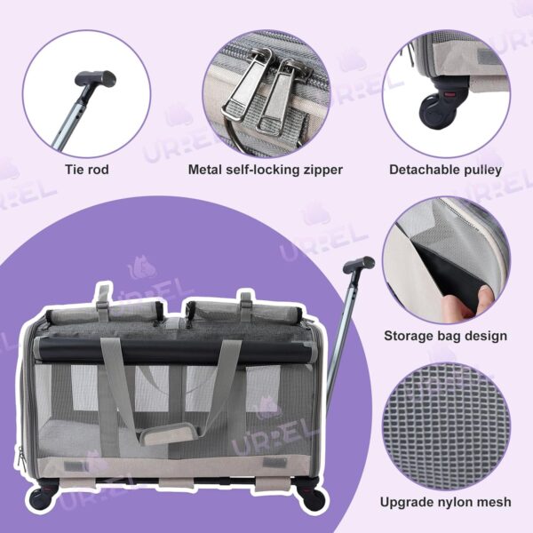 Double Compartment Pet Rolling Cat Carrier with Wheels - Large Capacity Soft-Sided Carriers for Cats and Puppies - Detachable Travel Carrier with Breathable Mesh Windows (Off-White) - Image 3