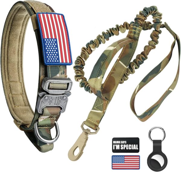 Tactical Dog Collar and Bungee Leash, Camo Military Dog Collar & Leash Set with USA American Flag Adjustable K9 Collar with Heavy Duty Metal Buckle & Handle,with Patches and Airtags Case (M, Camo)