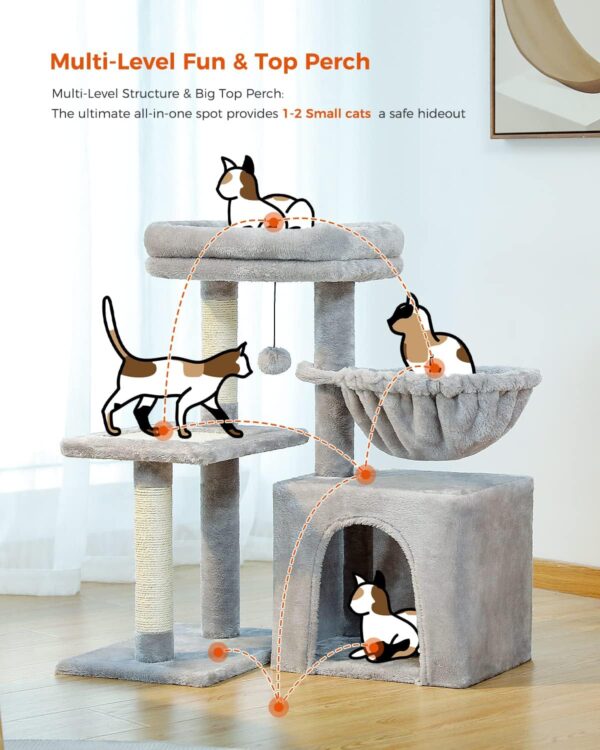 PEQULTI Small Cat Tree, [28.5''] Cat Tower for Indoor Cats, 2 Styles Cat Activity Tree with Cat Scratching Posts, Big Hammock and Removable Top Perch Grey - Image 4