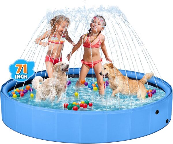 Jecoo Dog Pool with Sprinkler, Large 2-in-1 Foldable Dog Pool for Large Dogs Non-Slip Kiddie Pool Hard Plastic for Outdoor Backyard (71"x12")