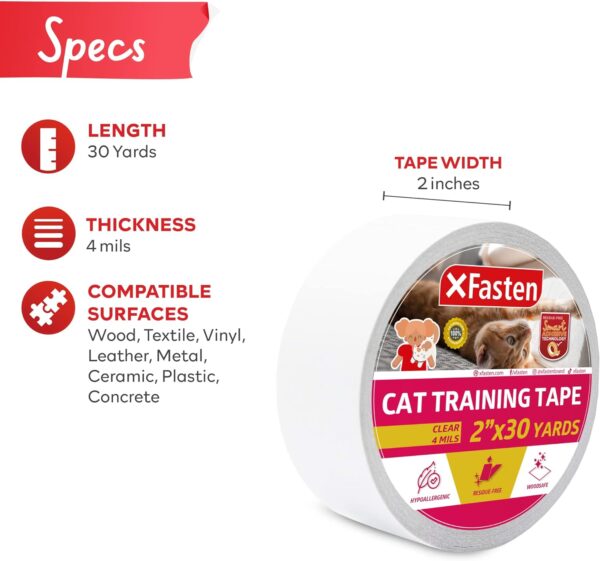 XFasten Anti-Scratch Cat Training Tape, Clear, 2-Inches x 30 Yards; Door, Kitty Paw Tape for Couch, Furniture and Leather Stop Scratching Guard Protector Tape for Cats - Image 2