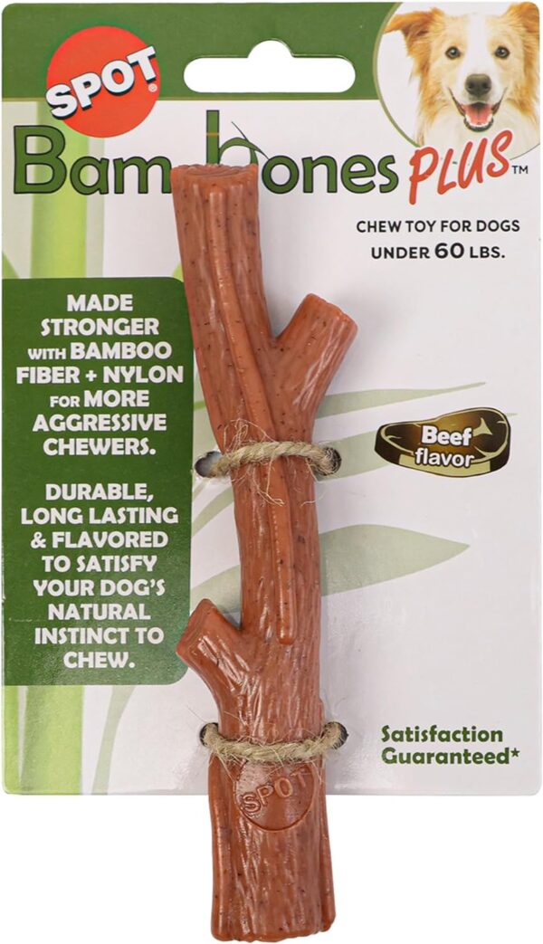 SPOT Bam-bones PLUS Branch -Bamboo Fiber & Nylon, Durable Long Lasting Dog Chew for Aggressive Chewers – Great Toy for Adult Dogs & Teething Puppies under 60lbs, Non-Splintering, 5.75in, Beef Flavor