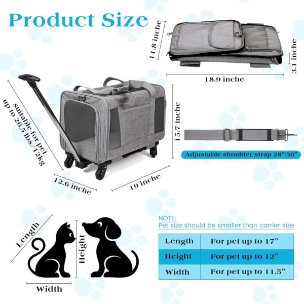 2 Pcs Pet Carrier with Wheels Extra Large Cat Carrier Rolling Dog Carrier with Adjustable Straps and Telescopic Handle Carrier for up to 26.5 Lbs Pet Cats Medium Dogs Camping (Gray) - Image 2