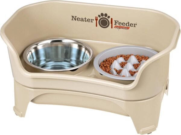 Neater Feeder - Express Model w/Niner 9 Peak Slow Feed Bowl - Mess-Proof Dog Bowls (M/L, Almond) - Made in USA – Elevated, No Spill, Non-Tip, Non-Slip, Raised Food/Water Pet Bowls Aid Digestion