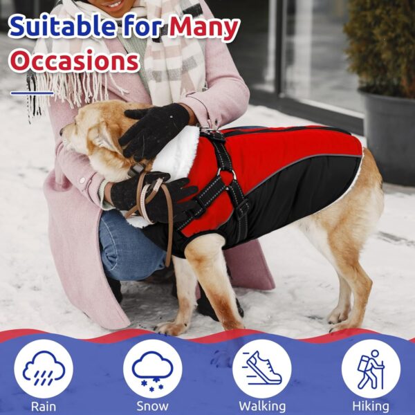 Queenmore Dog Coat, Extra Warm Winter Dog Jacket with Harness Bulid-in, Cold Weather Waterproof Dog Clothes for Large Medium Small Dogs, Fleece Lined Reflective Easy On Dog Snow Jacket,Red/Black S - Image 3