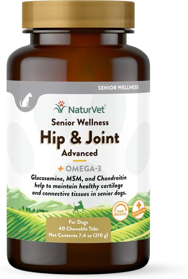 NaturVet Senior Wellness Hip and Joint Plus Omegas Advanced Supplement for Dogs, Chewable Tablets Time Release, Made in The USA, 40 Count