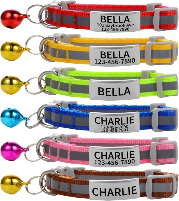 Custom Breakaway Cat Collars with Bell - Engraved Stainless Steel No Noise Slide-On Identification Tags On Collar - Up to 3 Lines of Personalized Text (Reflection)