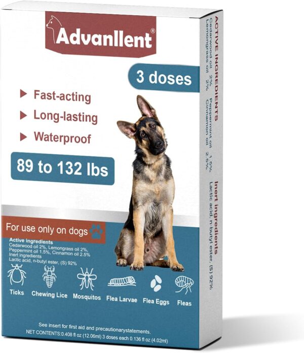 Flea and Tick Prevention for Dogs, Flea and Tick Treatment for Extra Large Dog, Natural Essential Oil, Flea & Tick Control, 89-132 Pounds, 3 Doses