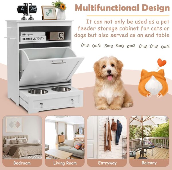 Dog Feeding Station, Dog Food Storage Cabinet w/Double Raised Dog Bowls, Pull Out Design, Large Dog Feeder Station Container for Pets Toy, Feeding & Watering Supplies (White) - Image 7