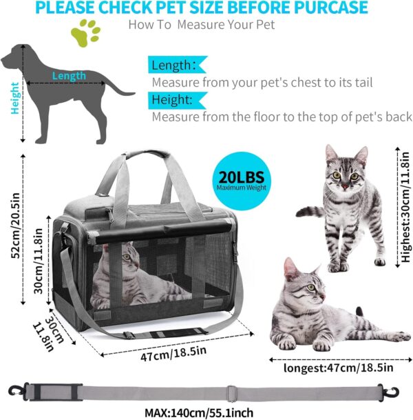 Cat Carrier Large Pet Carrier for 2 Cat, 18.5"x11.8"x11.8" Cat Bag for Midium Large Cats Airline Approved Dog Carrier for Small Dogs, Cat Travel Carrier Foldable 5-Windows Breathable Mesh Design - Image 3